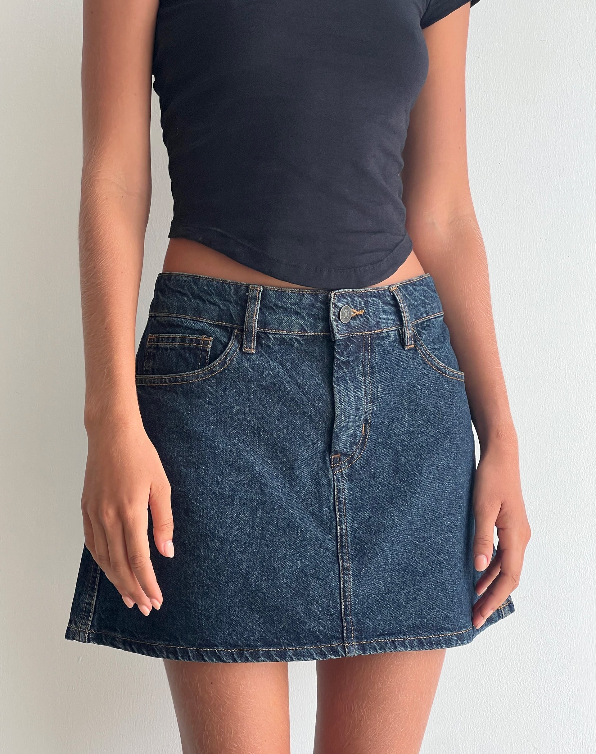 MOTEL X OLIVIA NEILL Low Rise Denim Micro Skirt in Dark Vintage Wash