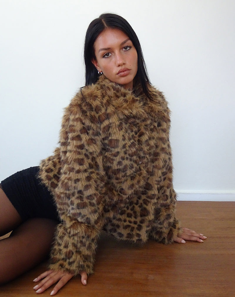 Joji Crop Faux Fur Jacket in Brown Leopard