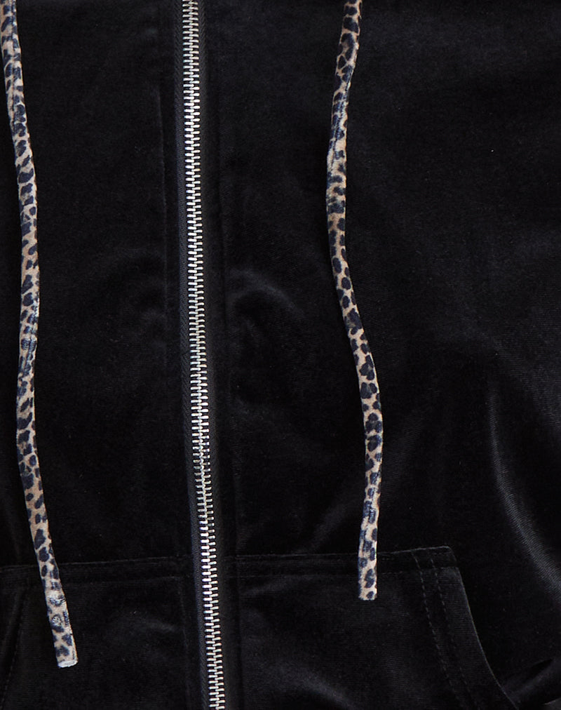Black Velour with Leopard Print Piping Hoodie | Jona – motelrocks