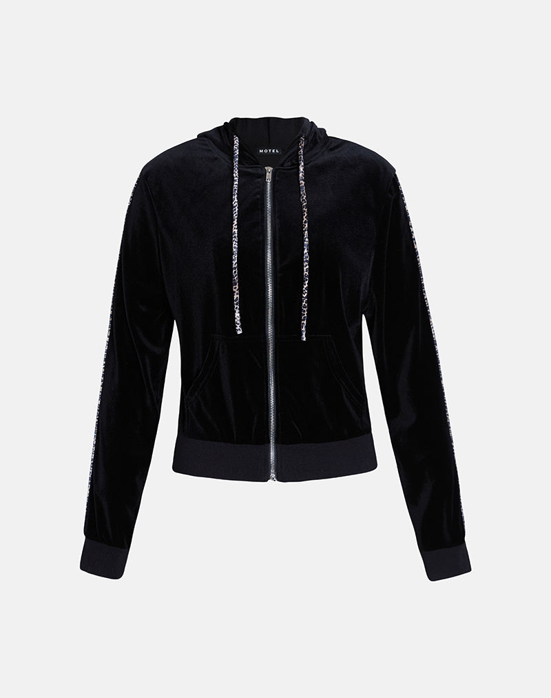 Black Velour with Leopard Print Piping Hoodie | Jona – motelrocks