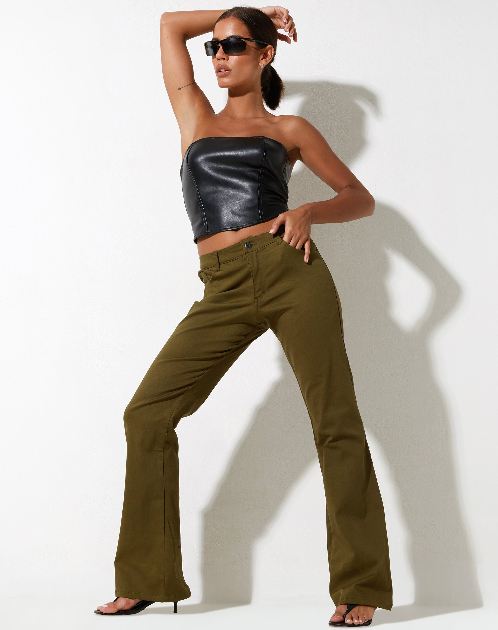 Olive Low Rise Flared Leg Trouser | Jopan – motelrocks-com-us