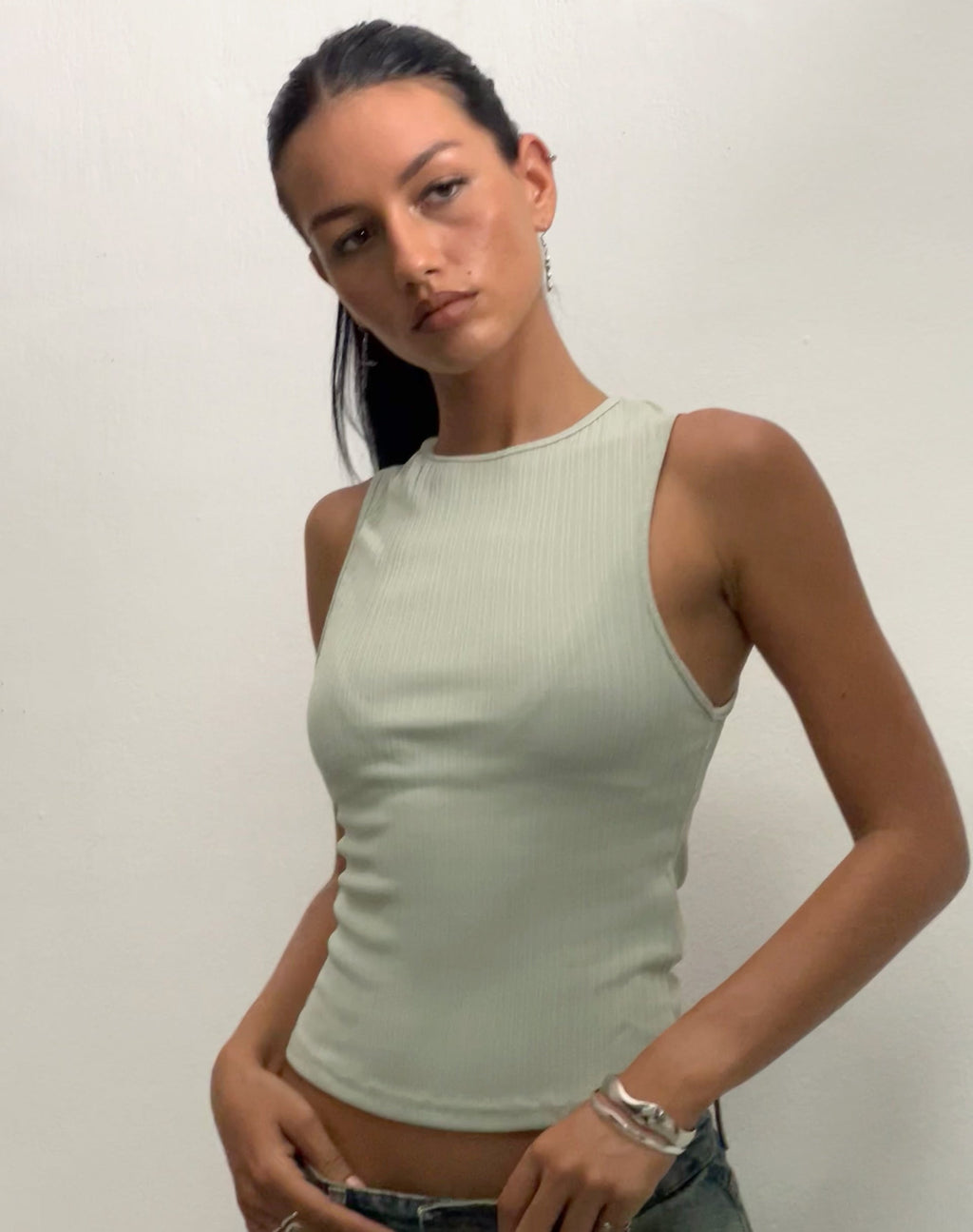 Jordin High Neck Jersey Top in Ribbed Mint