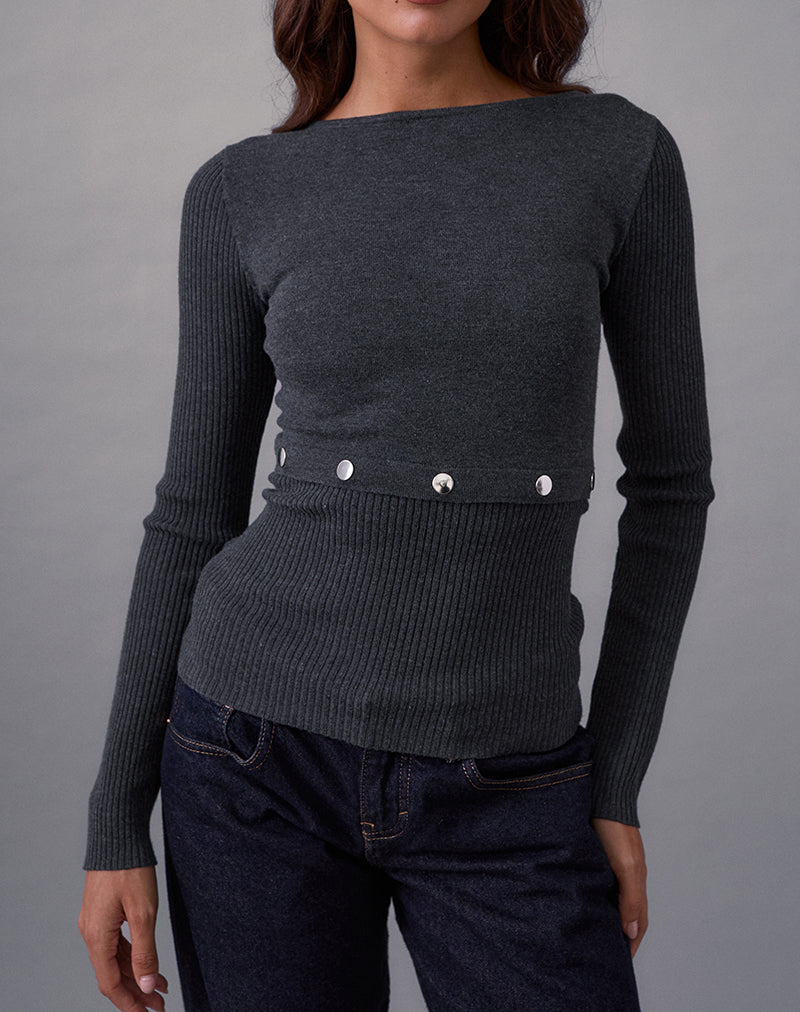 Image of Josa Long Sleeve Knit Top in Dark Charcoal with Studs