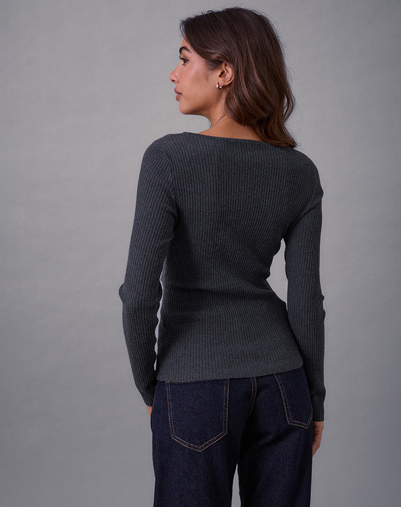 Image of Josa Long Sleeve Knit Top in Dark Charcoal with Studs