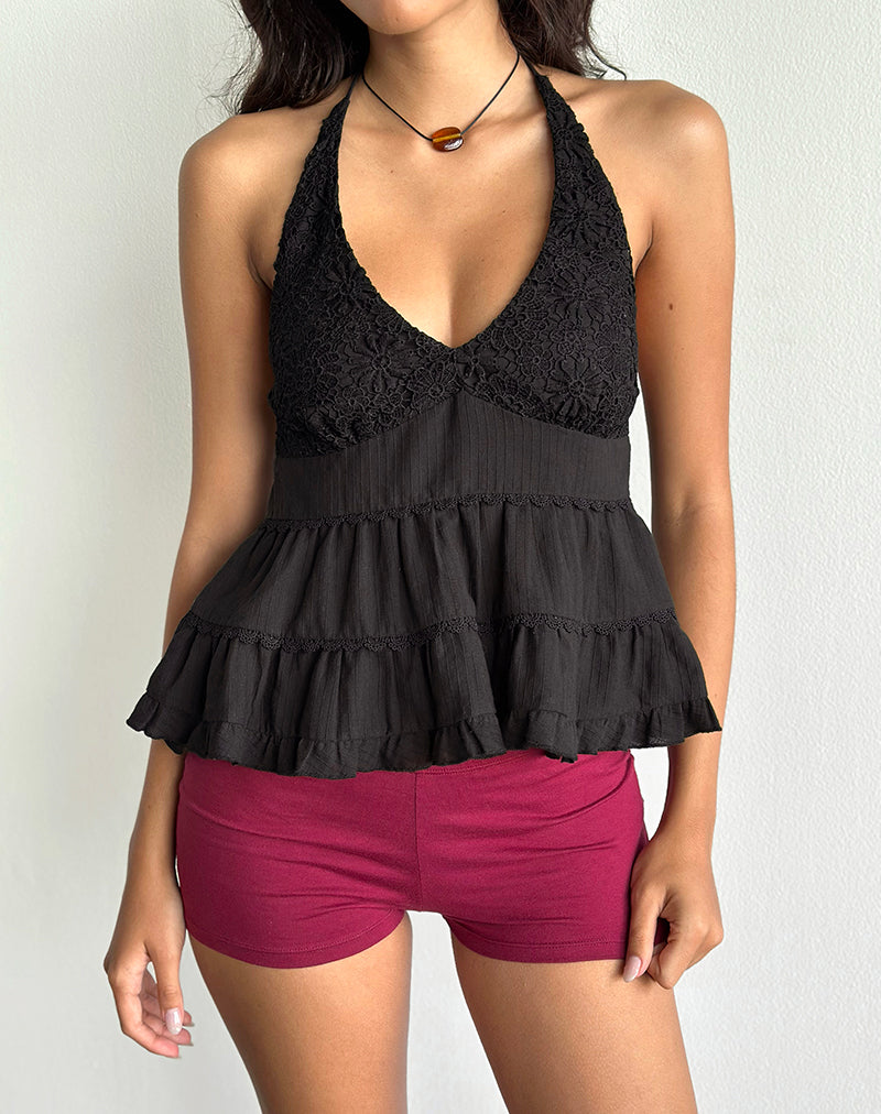Black Frill Halter Neck Top | Juanita – motelrocks-com-us