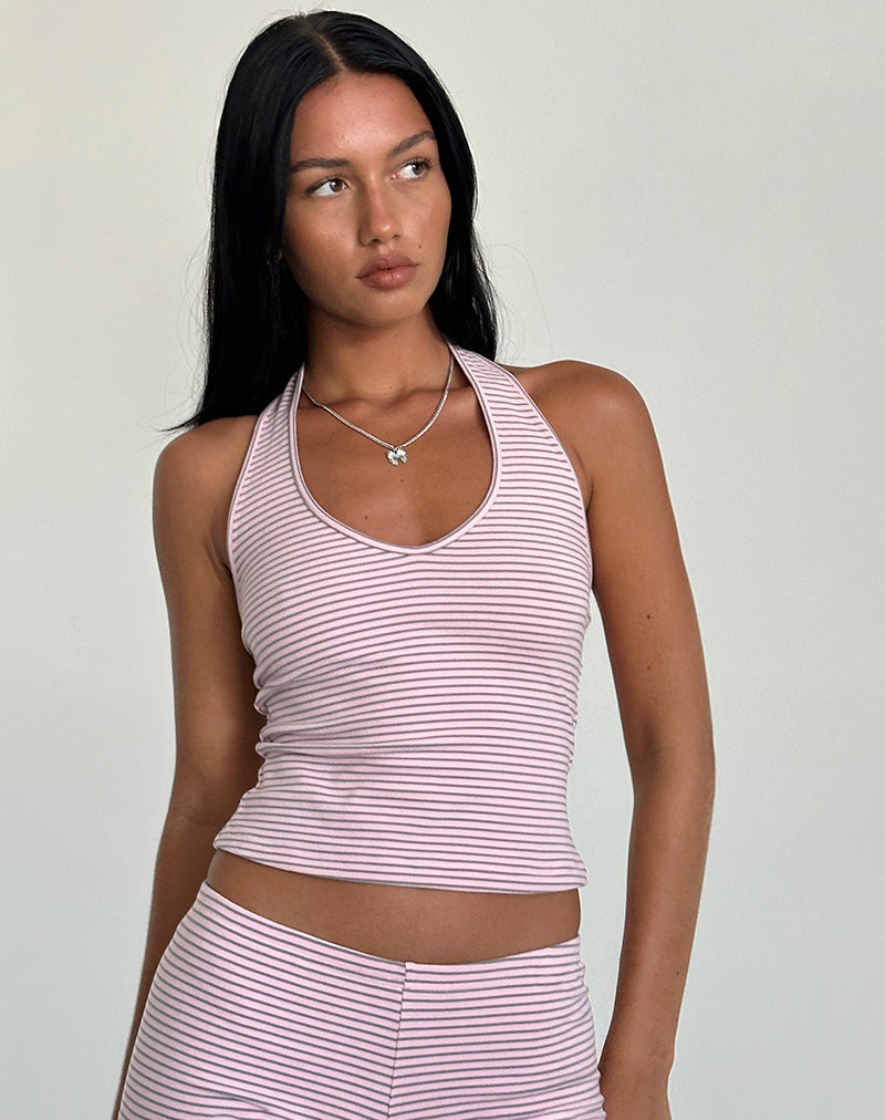 Pink and Grey Jersey Stripe Halter Top | Jules – motelrocks-com-us