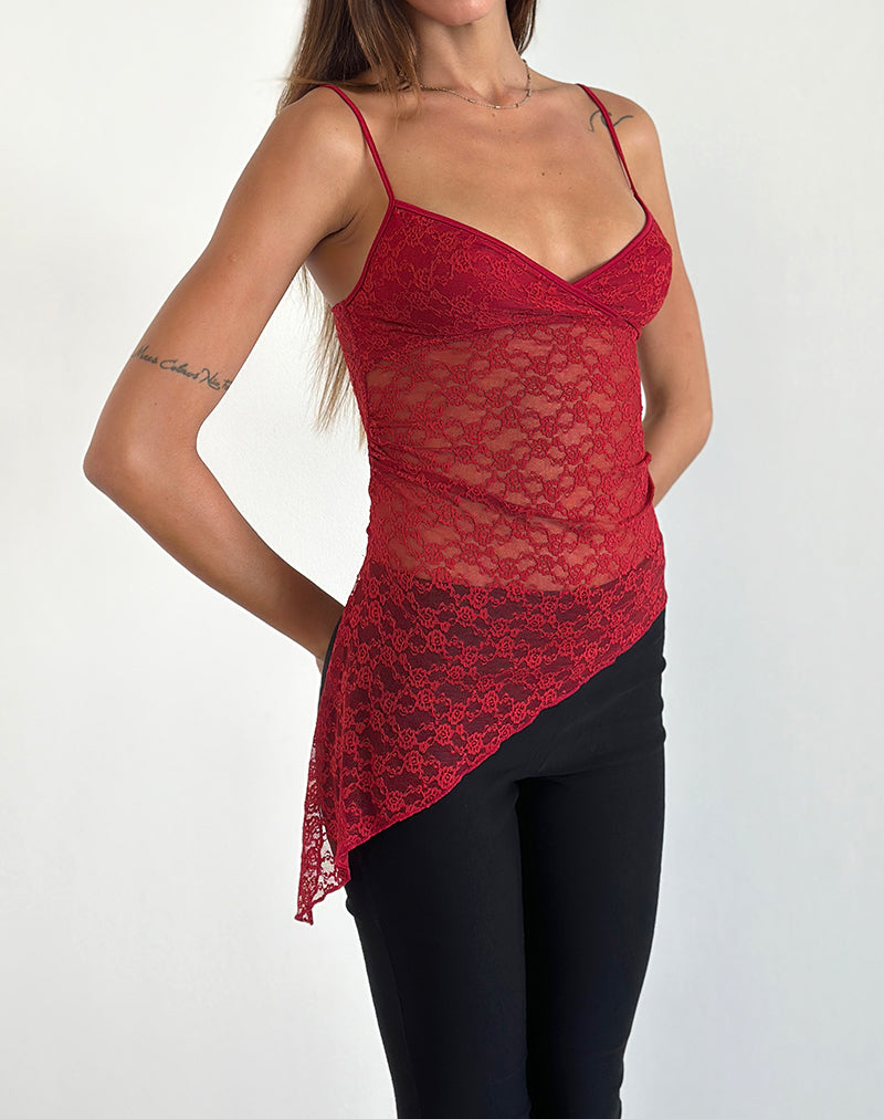 Kacha Asymmetric Cami Top in Red Mari Lace