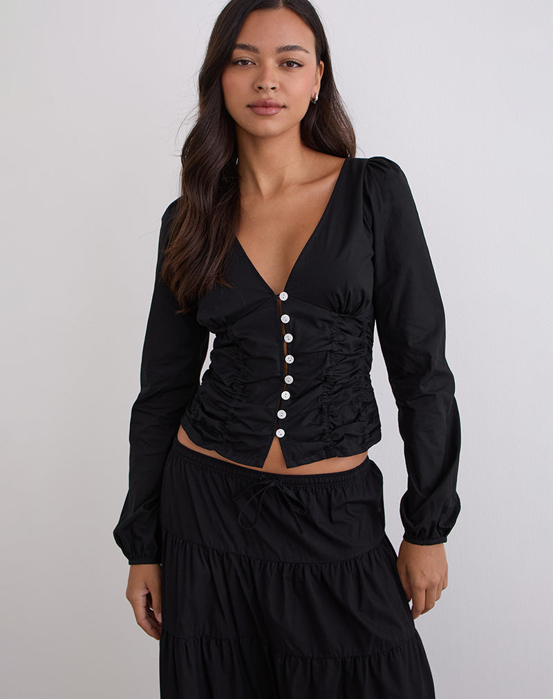 Image of Kadek Fitted Plunge Blouse in Poplin Black