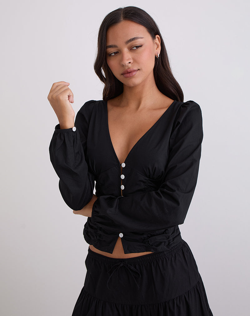 Image of Kadek Fitted Plunge Blouse in Poplin Black