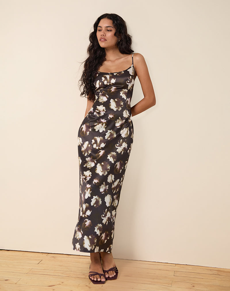 Kafka Maxi Dress in Brown Floral Print , Scoop Neckline