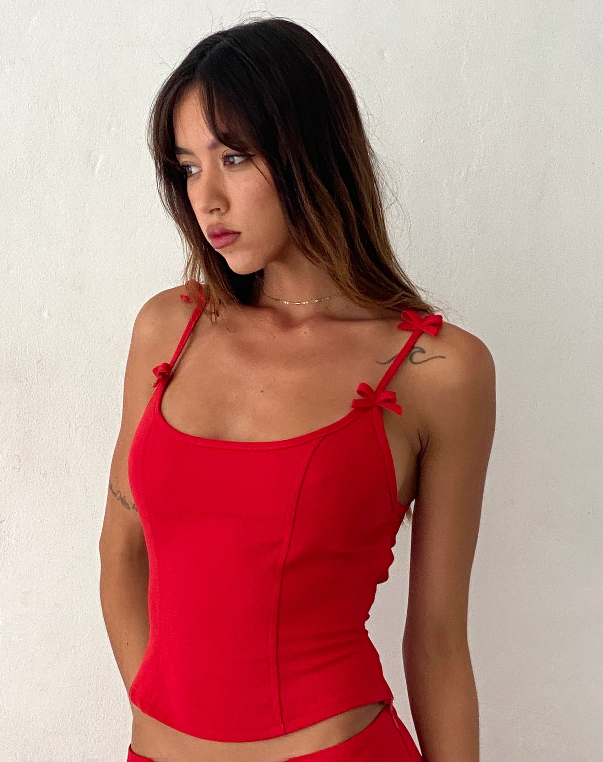 Kaida Bow Detail Corset Top in Tailoring Red