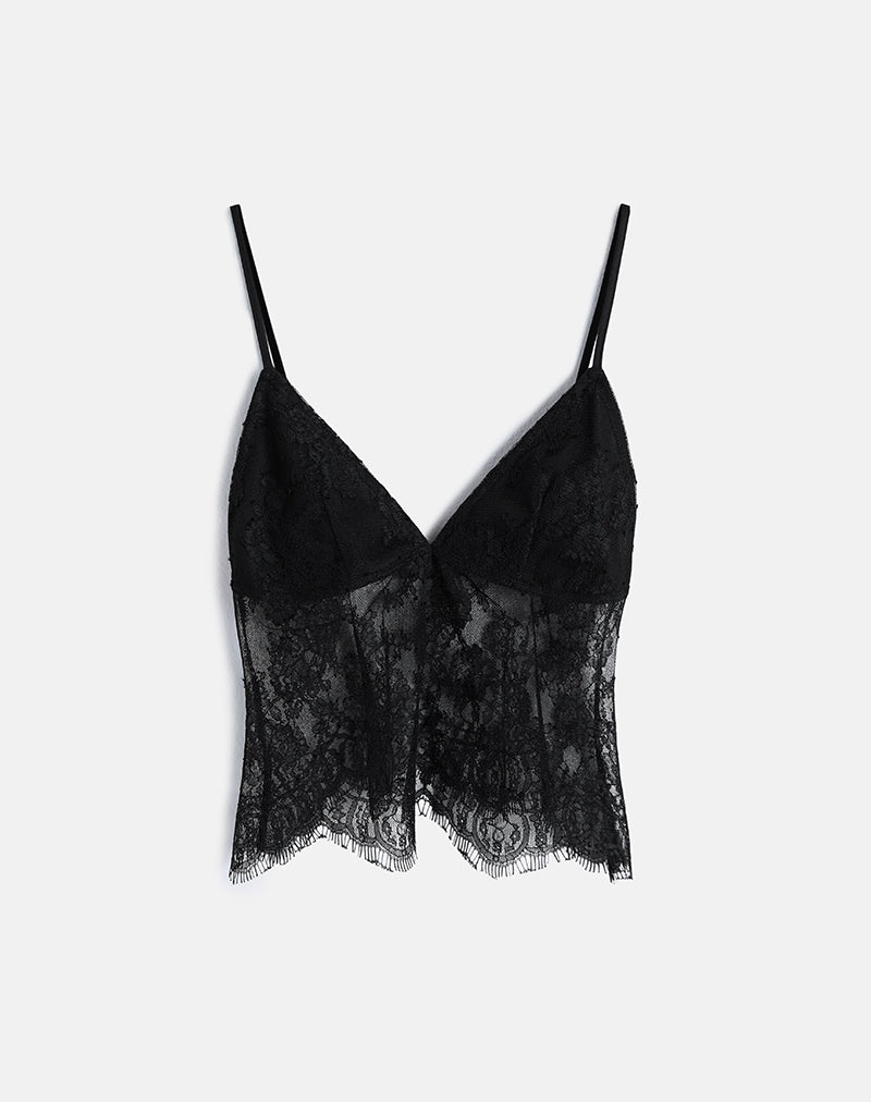 Black Eyelash Lace Plunge Cami Top | Kaika – motelrocks-com-us