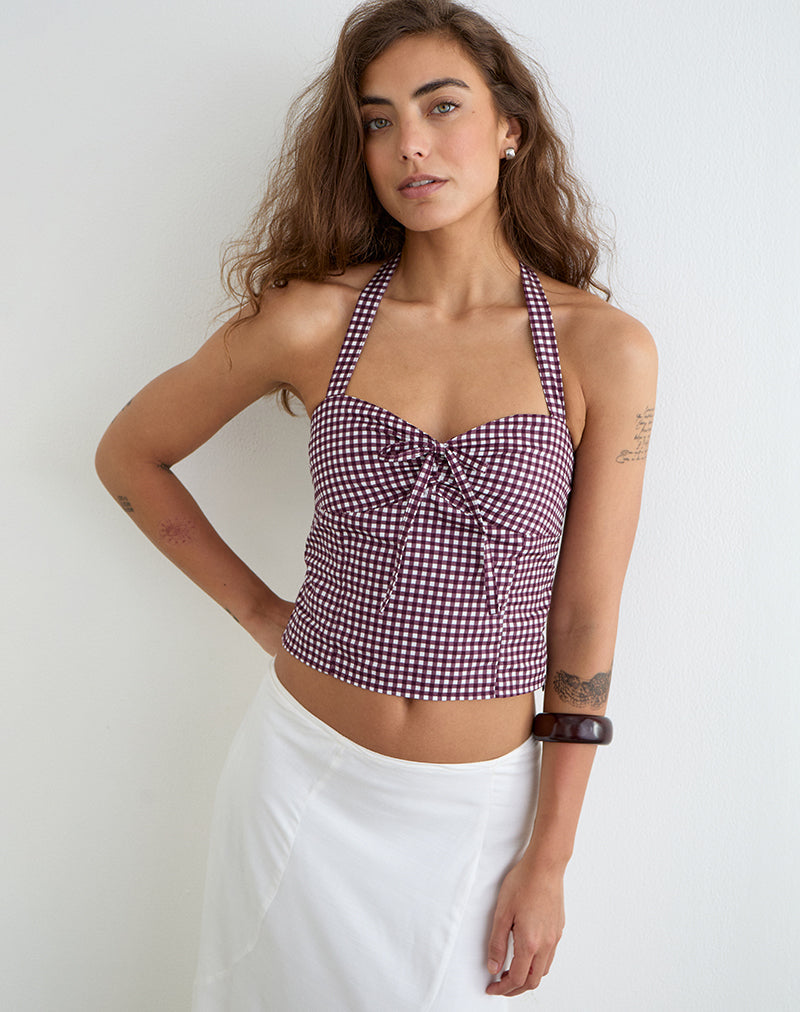Image of Kampi Halterneck Top in Mini Gingham Wine