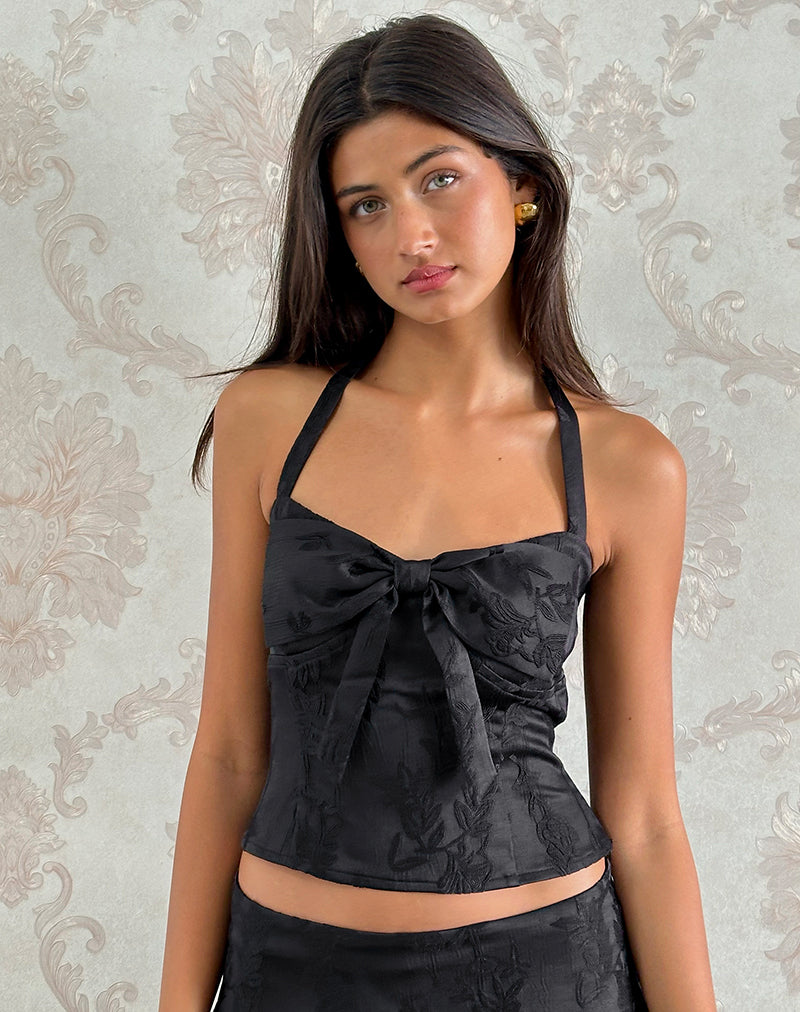 Image of Kampi Halter Top in Satin Jacquard Black