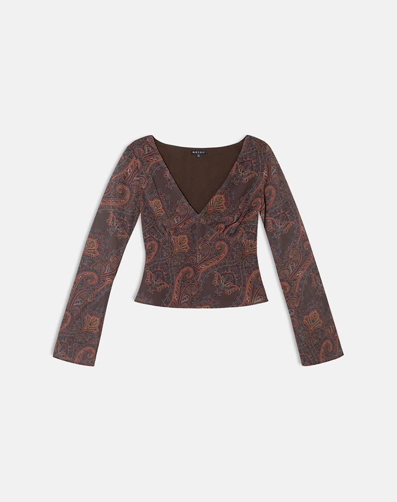 Image of Karilo Long Sleeve Top in Chiffon Royal Paisley Burgundy