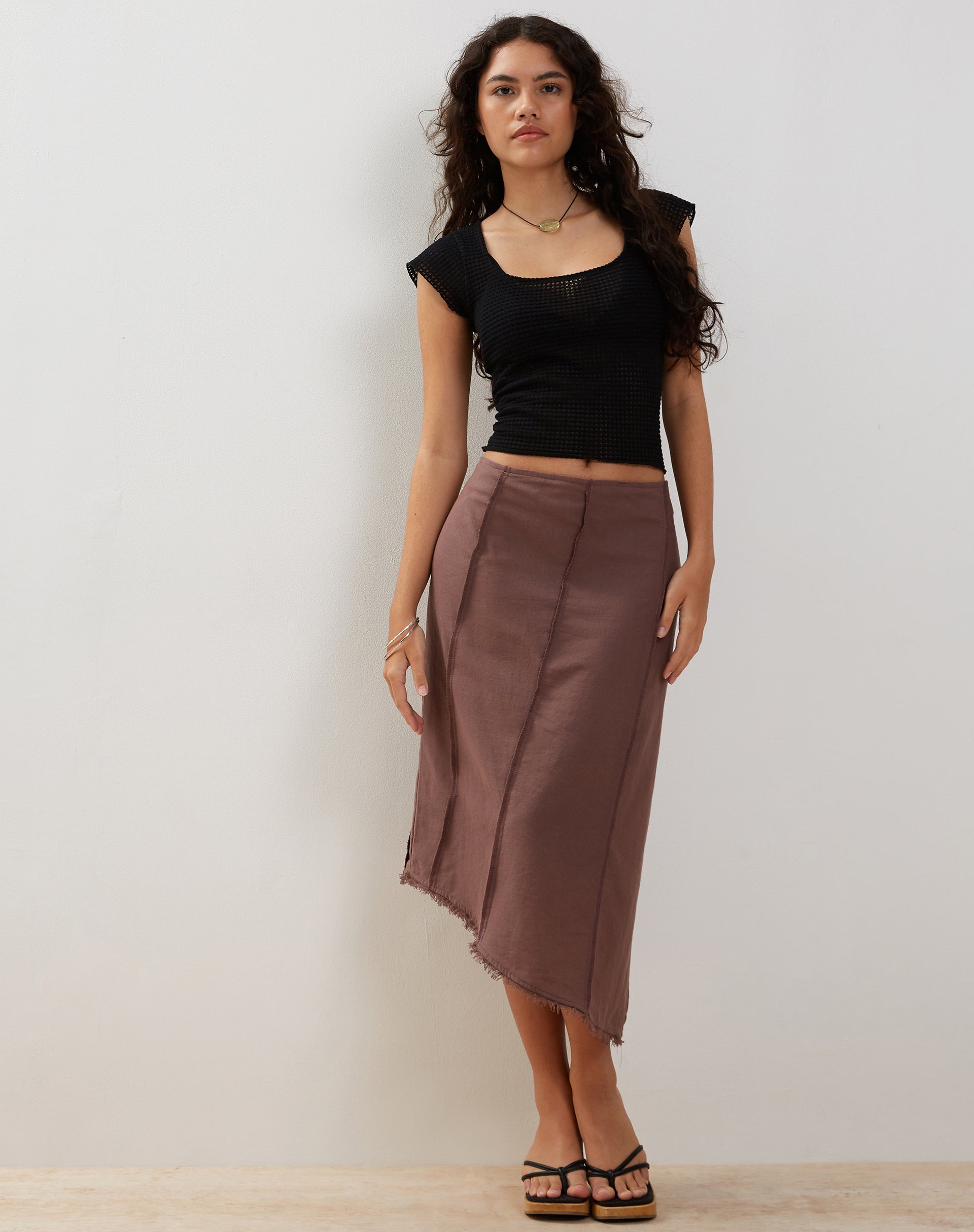 Deep Taupe Asymmetric Midi Skirt | Karlesa – motelrocks-com-us