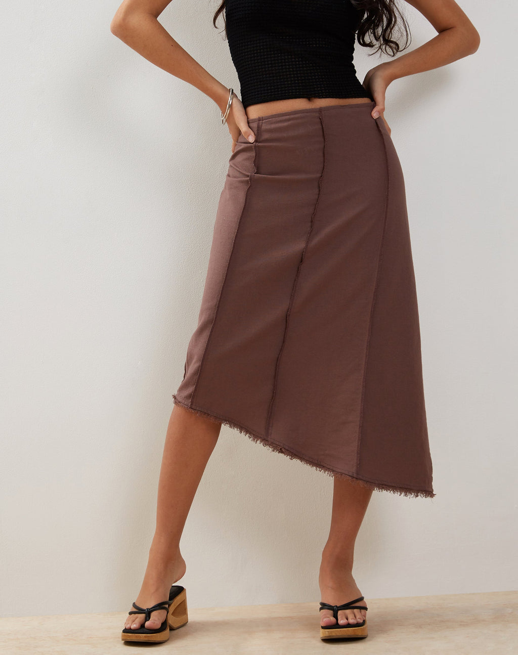 Karlesa Asymmetric Midi Skirt in Deep Taupe