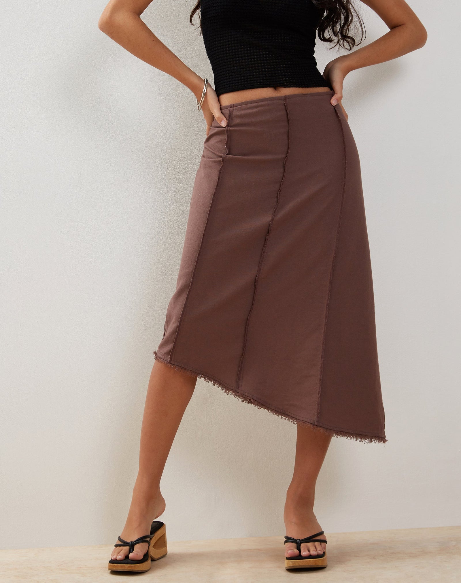 Deep Taupe Asymmetric Midi Skirt | Karlesa – motelrocks-com-us