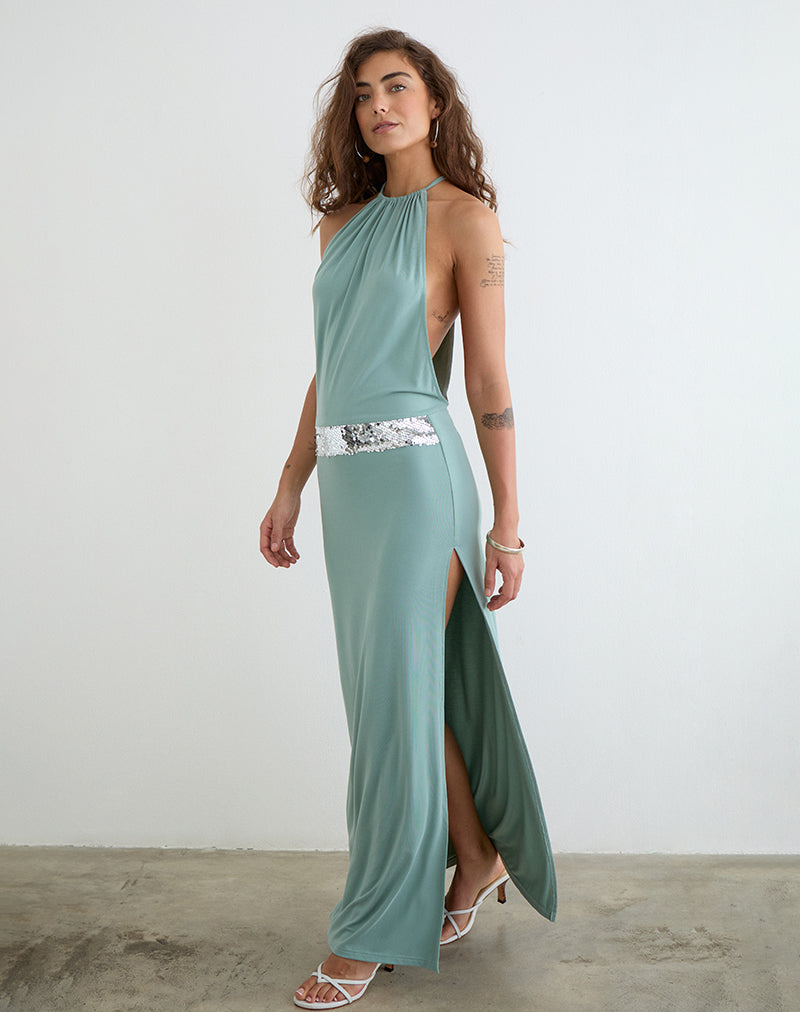 Karuna High Neck Maxi Dress in Aqua Grey