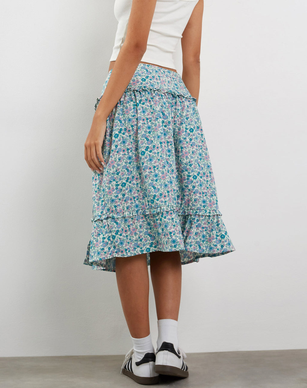 Kasya Frill Hem Midi Wrap Skirt in Flower Power Blue