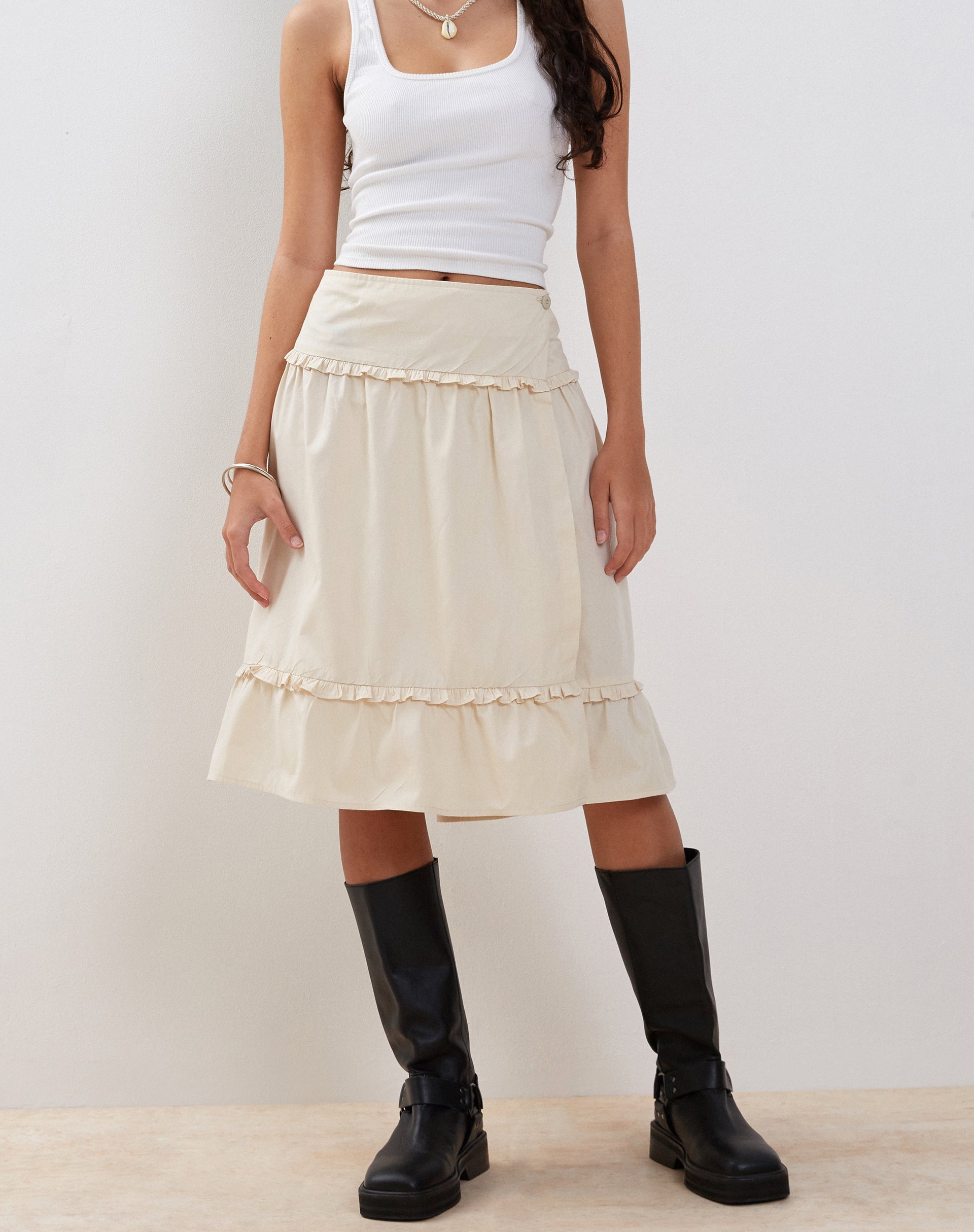 Kasya Frill Hem Midi Wrap Skirt in Ivory