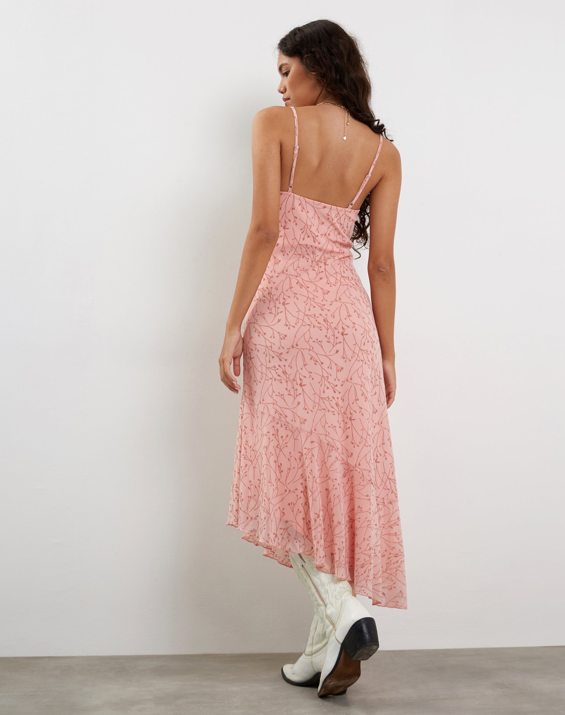 Shadow Floral Pink Asymmetric Midi Dress