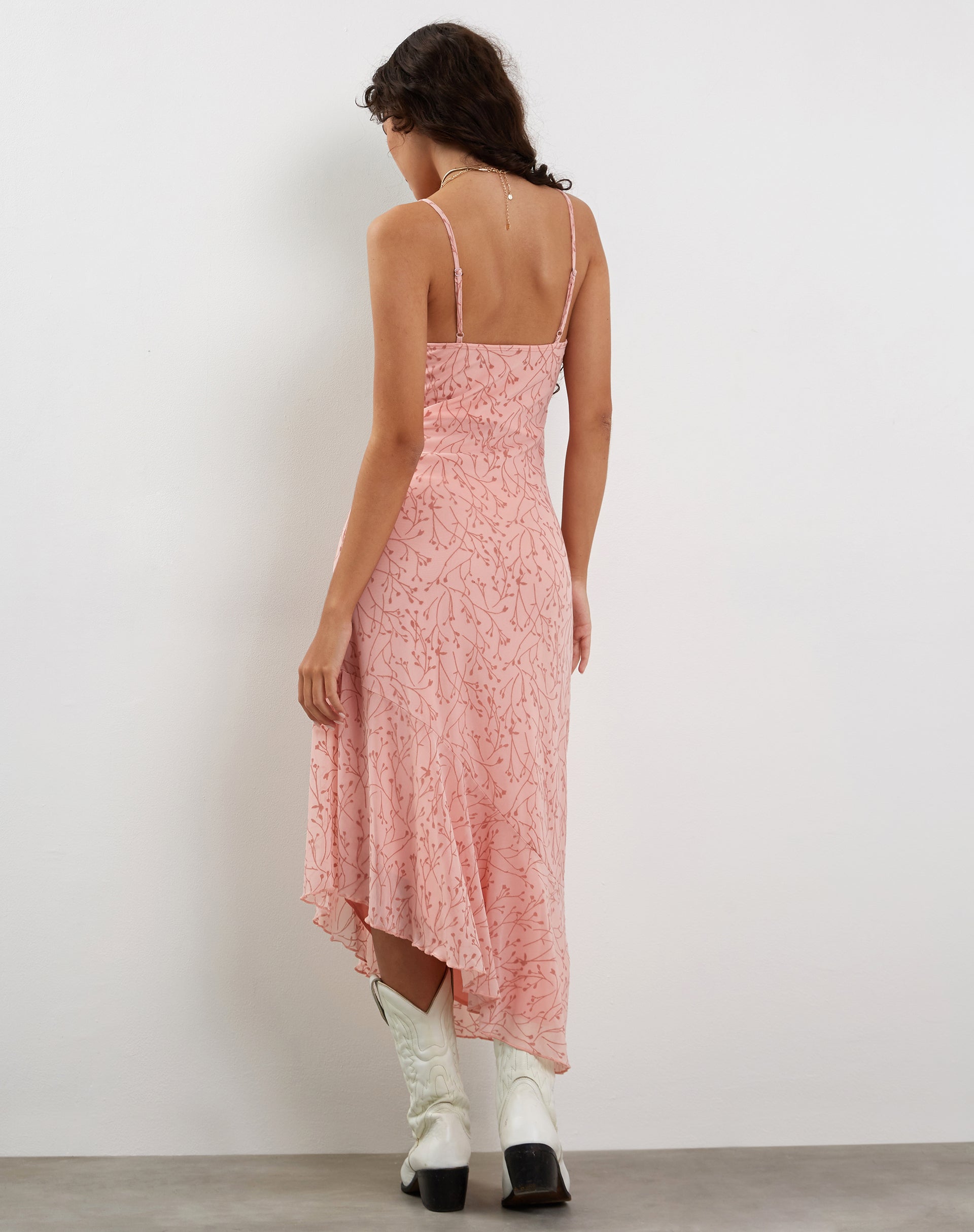 Image of Kavala Asymmetric Midi Dress in Shadow Floral Pink