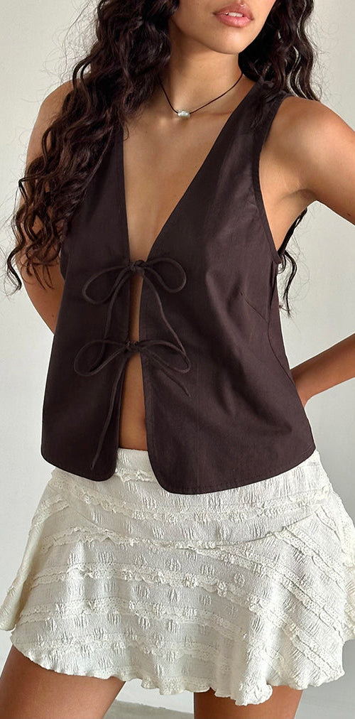 Image of Kayve Tie Front Top in Poplin Deep Mahogany