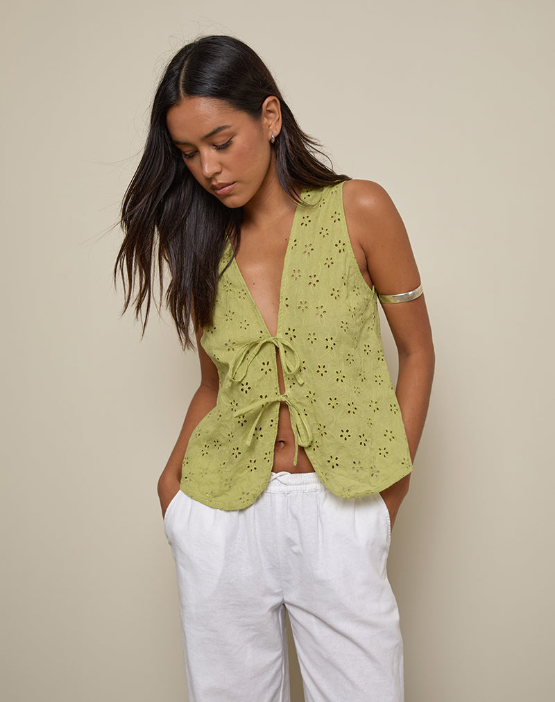 Image of Kayve Tie-Front Top in Little Daisy Broderie Lime