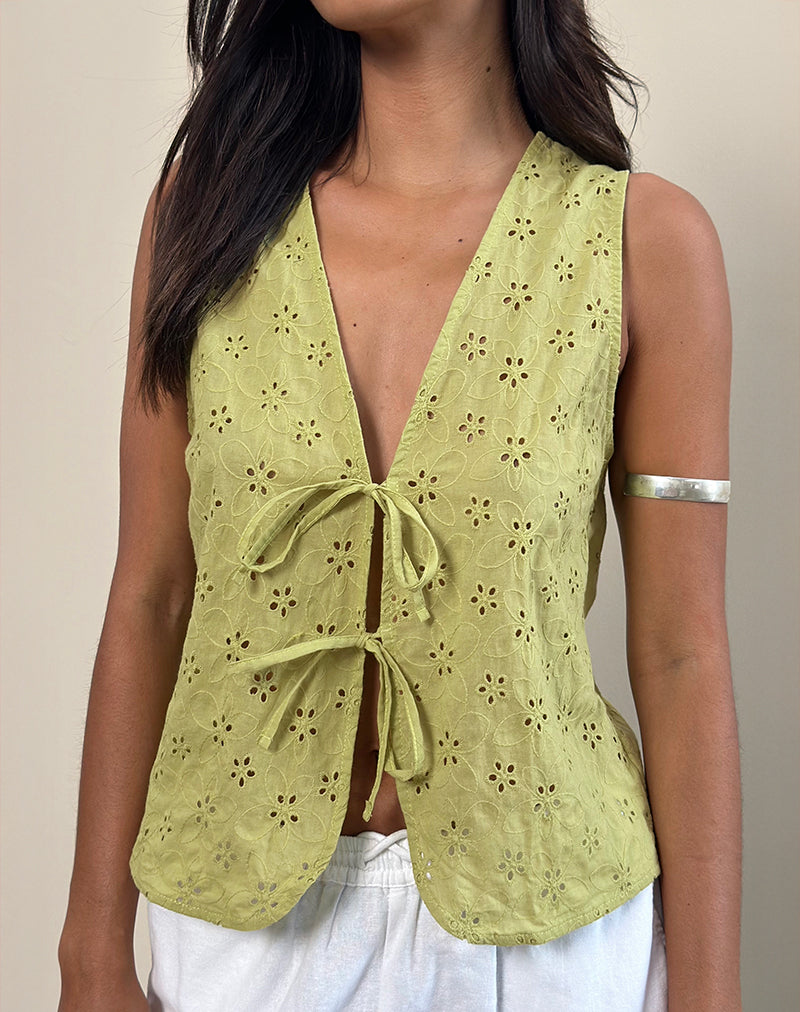 Image of Kayve Tie-Front Top in Little Daisy Broderie Lime