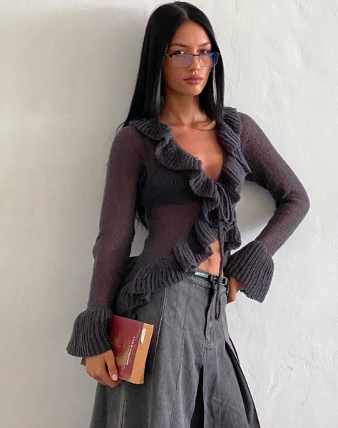 Dark Charcoal Ruffle Knit Cardigan | Kendra – motelrocks-com-us