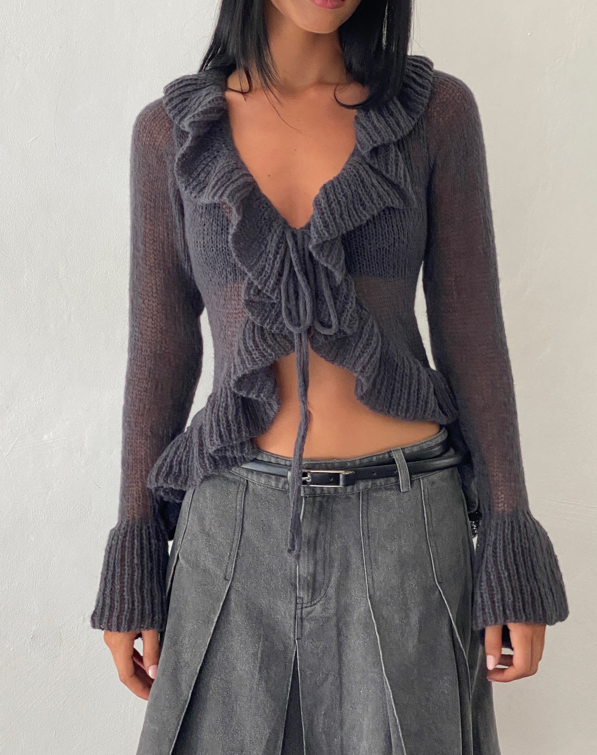 Black ruffle hotsell cardigan sweater