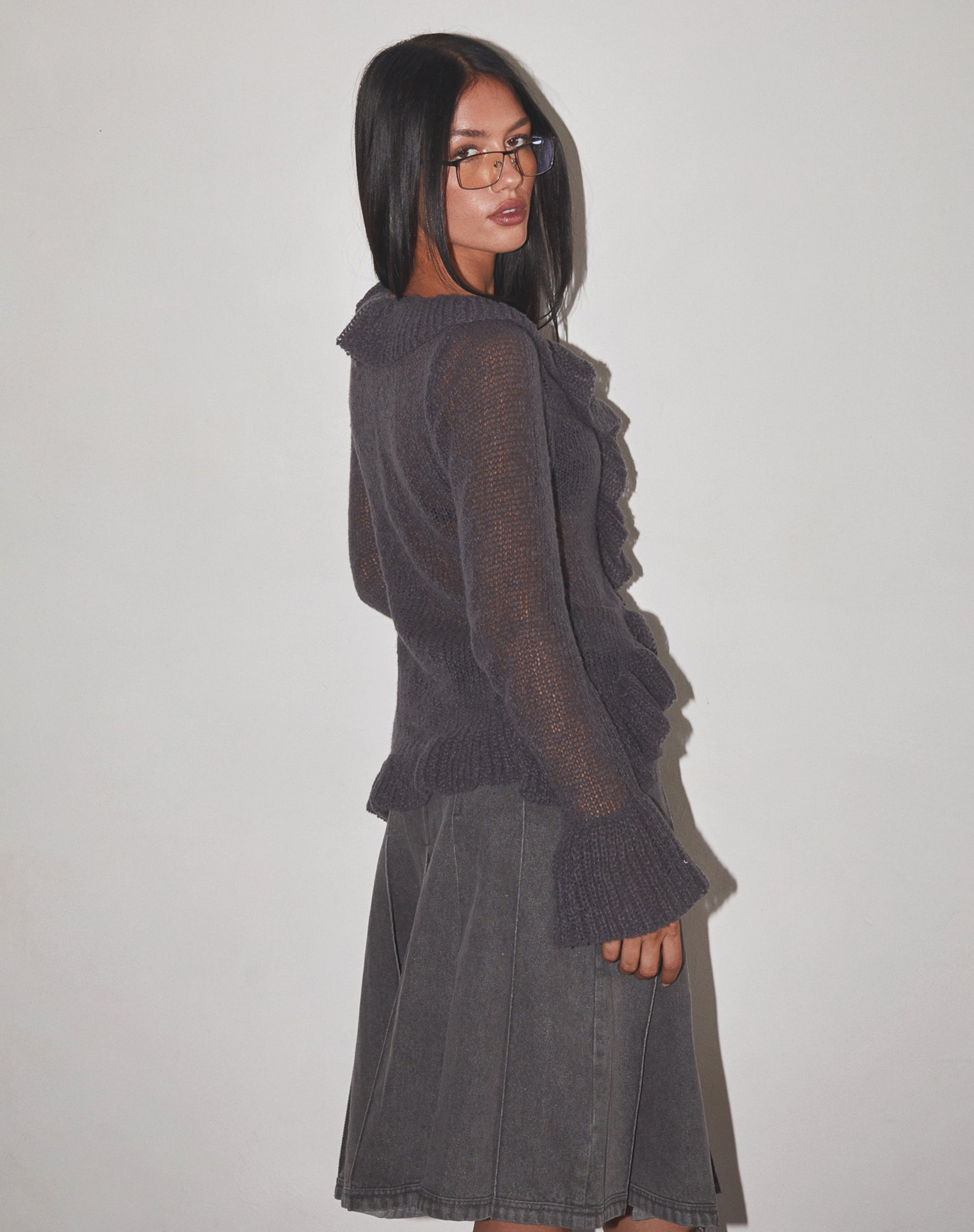 Image of Kendra Ruffle Cardigan in Dark Charcoal Knit