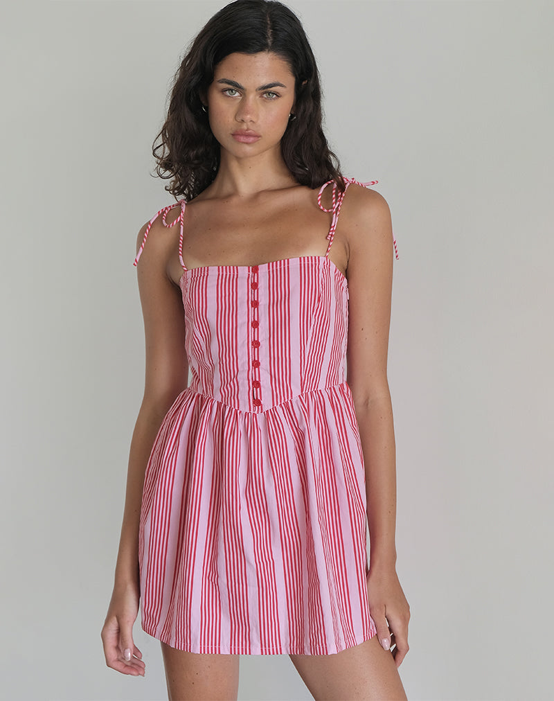 Kesyani Mini Dress in Vertical Pink Stripe , V Neck Kesyani Mini Dress in Vertical Pink Stripe , V Neck