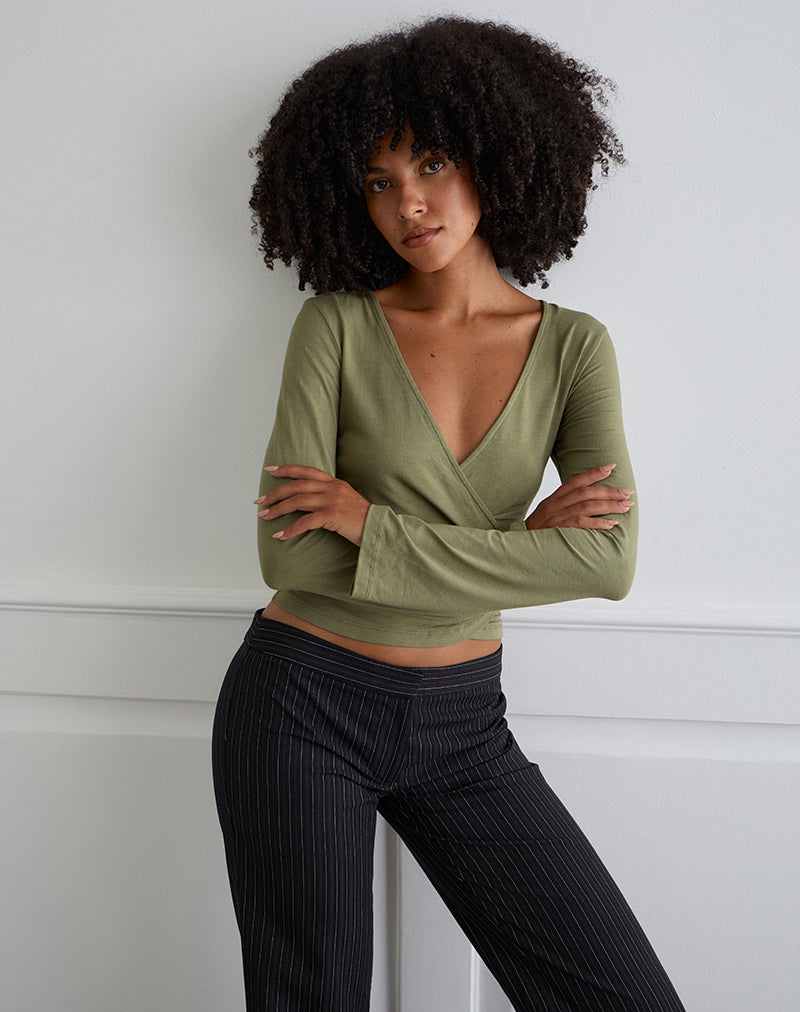 Image of Kien Long Sleeve Wrap Top in Olive