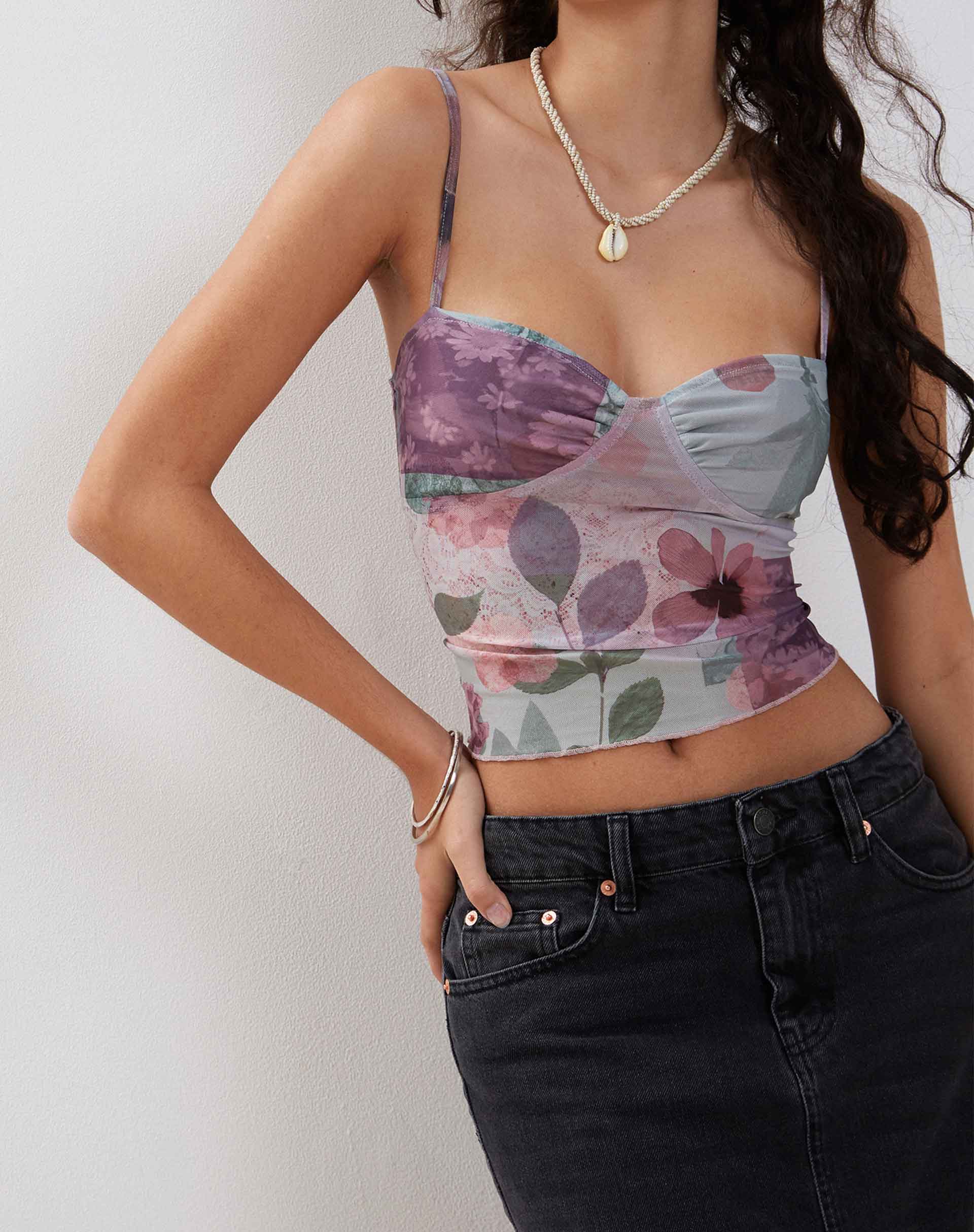 Image of Kikan Cropped Mesh Cami in Abstract Scrapbook