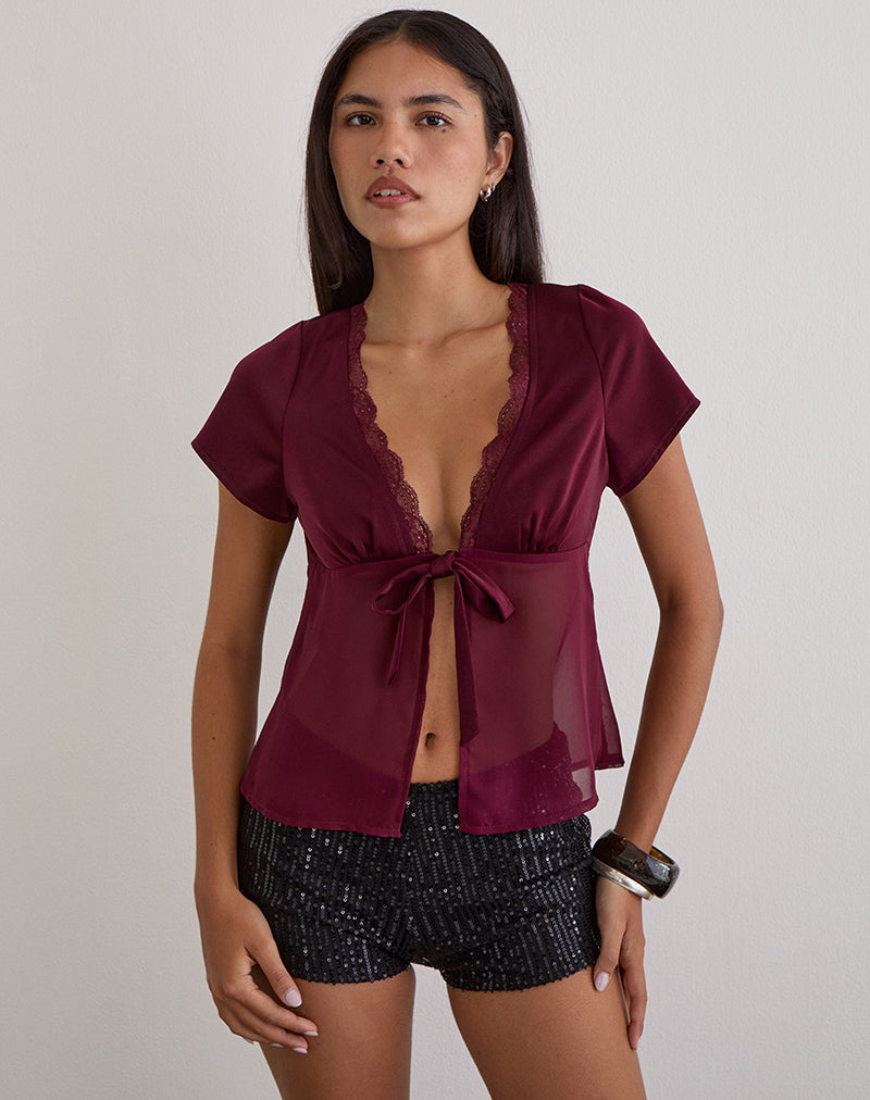Kilu Top in Satin Chiffon Burgundy