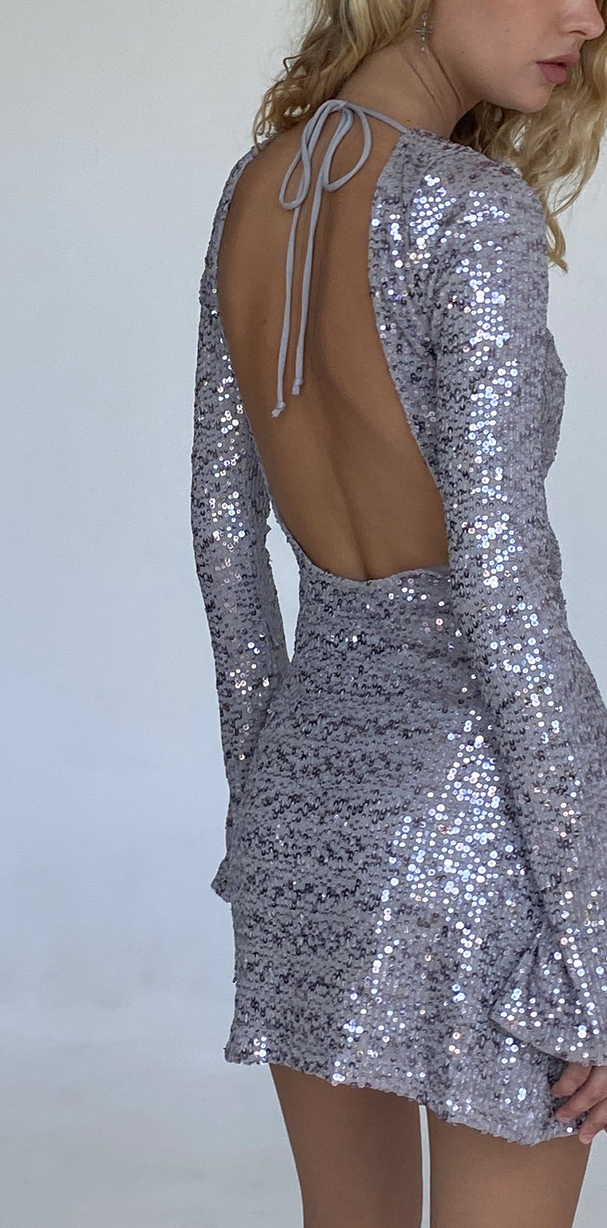 Silver Sequin Open Back Mini Dress