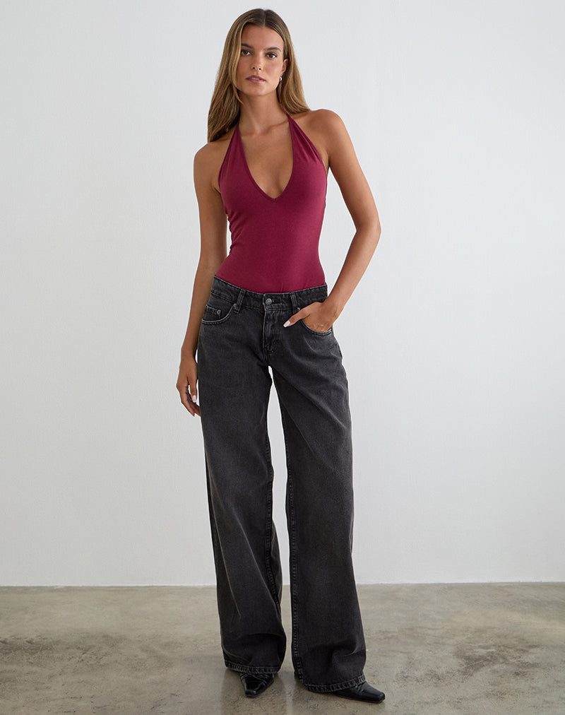 Image of Kitty Deep Plunge Bodysuit in Burgundy