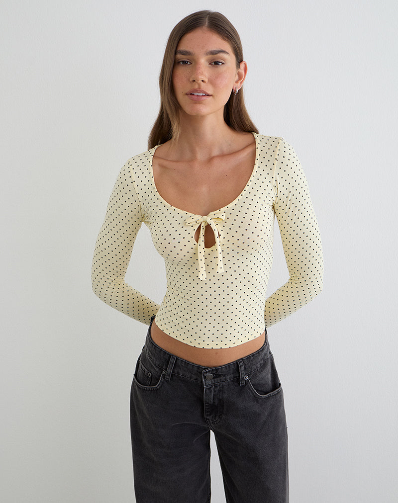 Kline Long Sleeve Tie Front Top in Rayon Jersey Micro Polka Cream