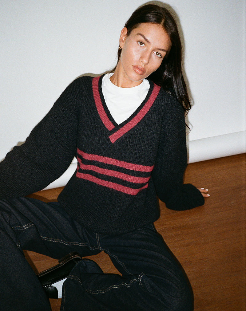 Image of Knitza Jumper in Black with Red Stripes