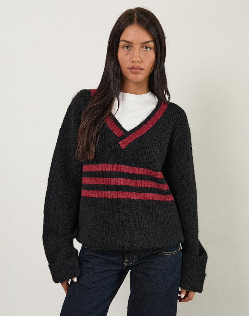 Image of Knitza Jumper in Black with Red Stripes