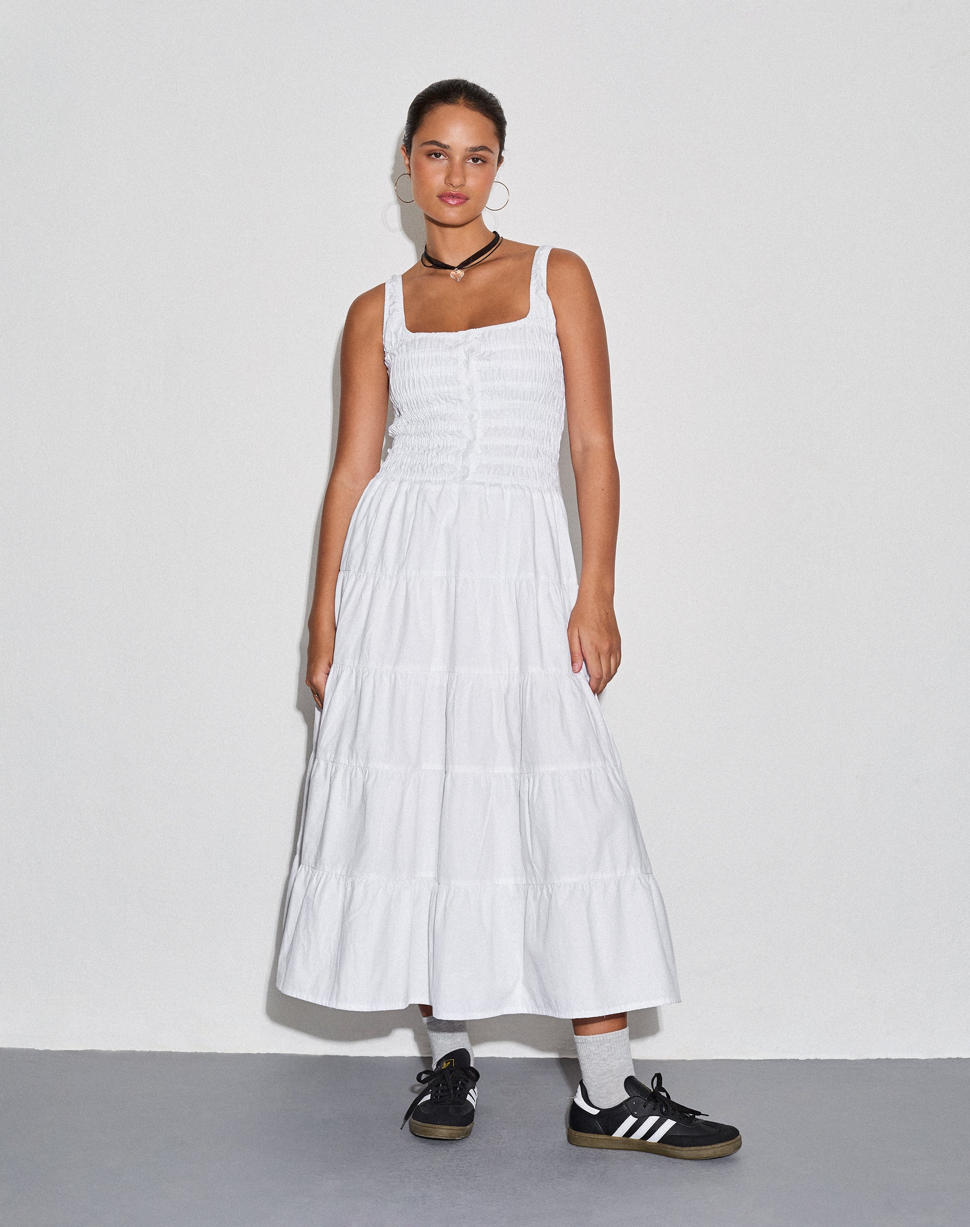 white poplin dress Koizumi Tiered Midi Dress in Poplin White