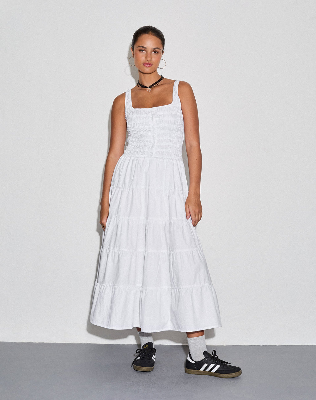 Koizumi Tiered Midi Dress in Poplin White