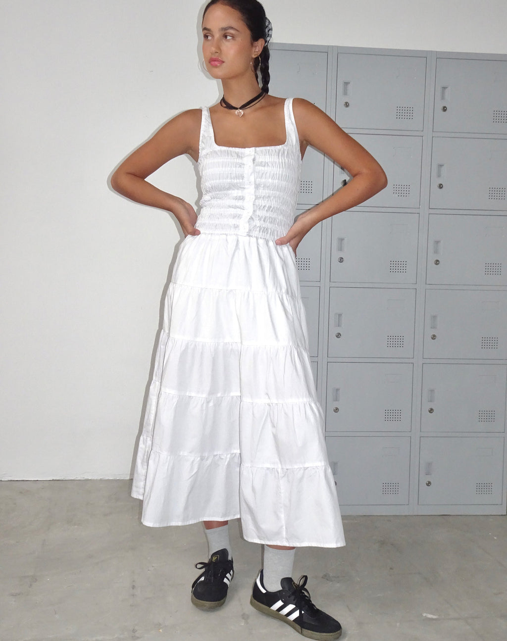 Koizumi Tiered Midi Dress in Poplin White