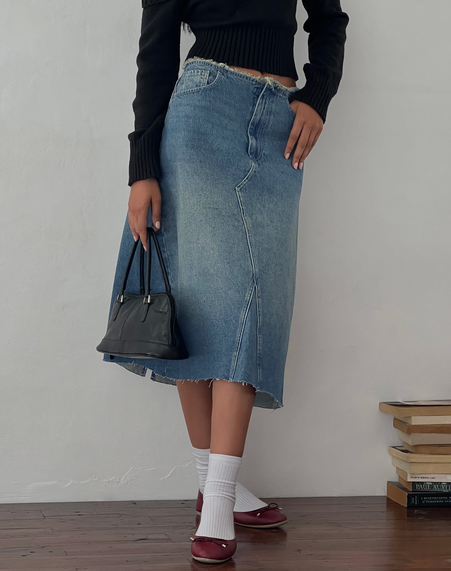 Vintage Blue Green Denim Midi Skirt | Low Rise – motelrocks-com-us