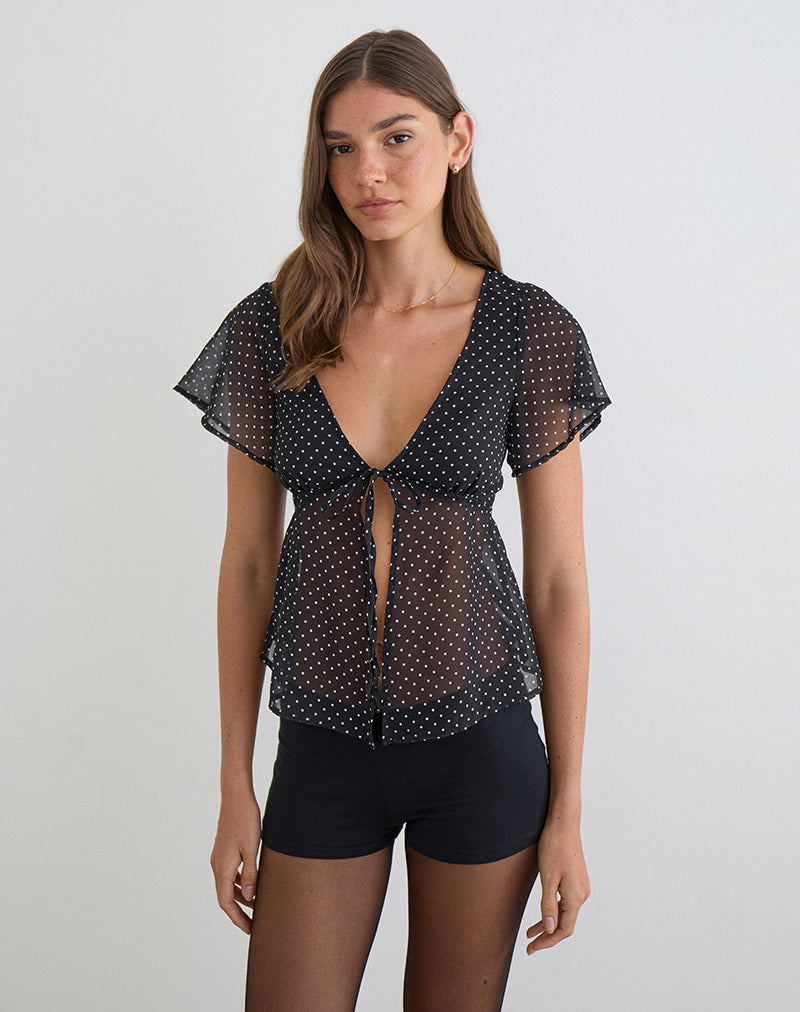 Image of Kota Chiffon Blouse in Black with Micro Polka Print