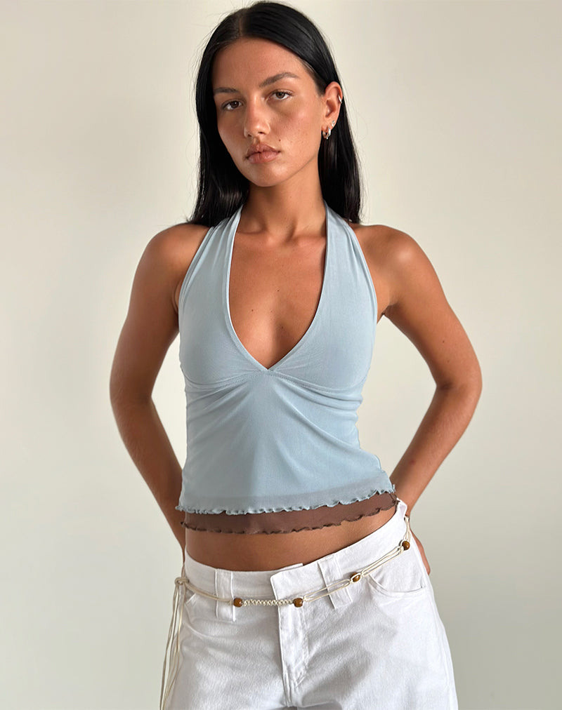 Kubra Halter Top in Mesh Light Blue and Brown