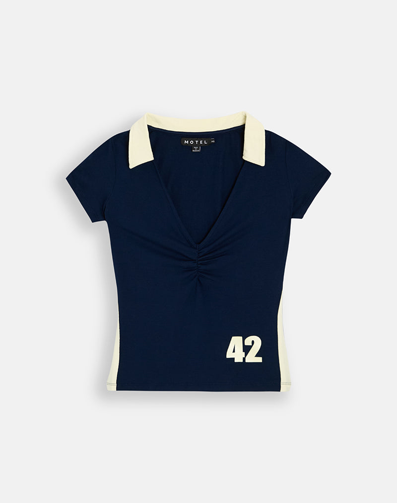 Image of Kufu Top in Navy with Lemon Collar Trim and "42" Print
