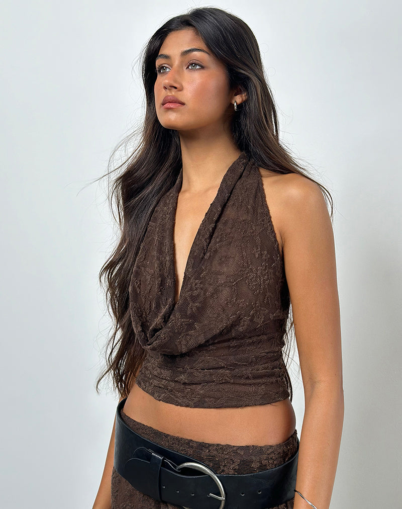 Image of Kylo Halter Top in Jacquard Knit Dark Brown